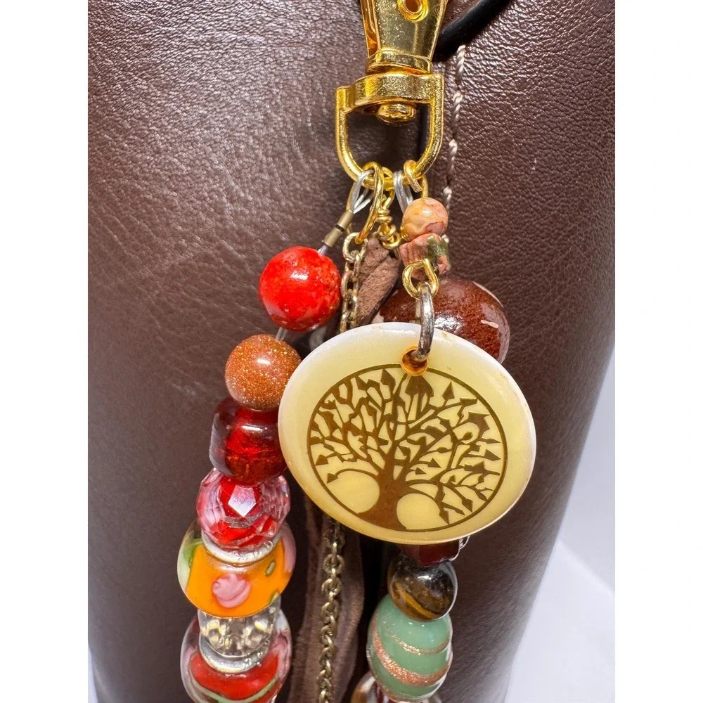 Boho Beaded Bag Purse Charm‎ reds & brown colors gold tone Gift